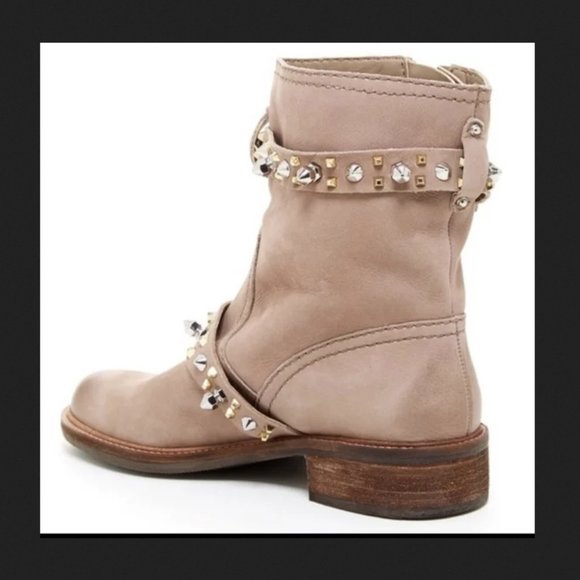 size 8.5 SAM EDELMAN Taupe/beige Leather Studded Biker Moto boots - Picture 15 of 15